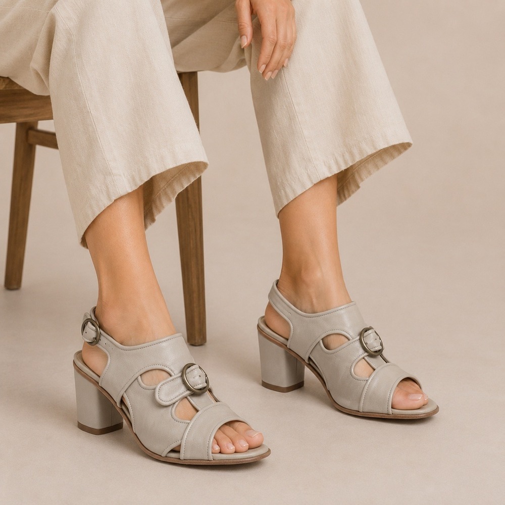 ARGILA Pepe Monjo Leather Cutout Slingback Block Heel Sandals Taupe Grey Sz 38